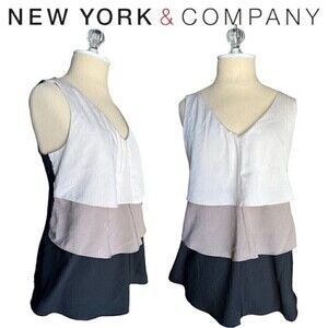 NEW York & Co Ruffle Tiered V-Neck Beige Taupe Black Flowy Flirty Tank Medium